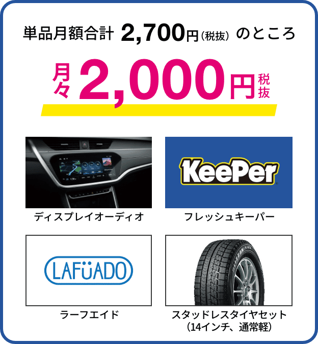 おすすめパックB単品月額合計2,700円（税抜）のところ月々2,000円ディスプレイオーディオフレッシュキーパーラーフエイドスタッドレスタイヤセット （14インチ、通常軽）