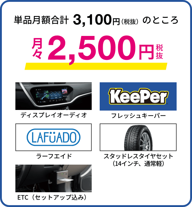 おすすめパックC単品月額合計3,100円（税抜）のところ月々2,500円ディスプレイオーディオフレッシュキーパーラーフエイドスタッドレスタイヤセット （14インチ、通常軽）ETC（セットアップ込み）