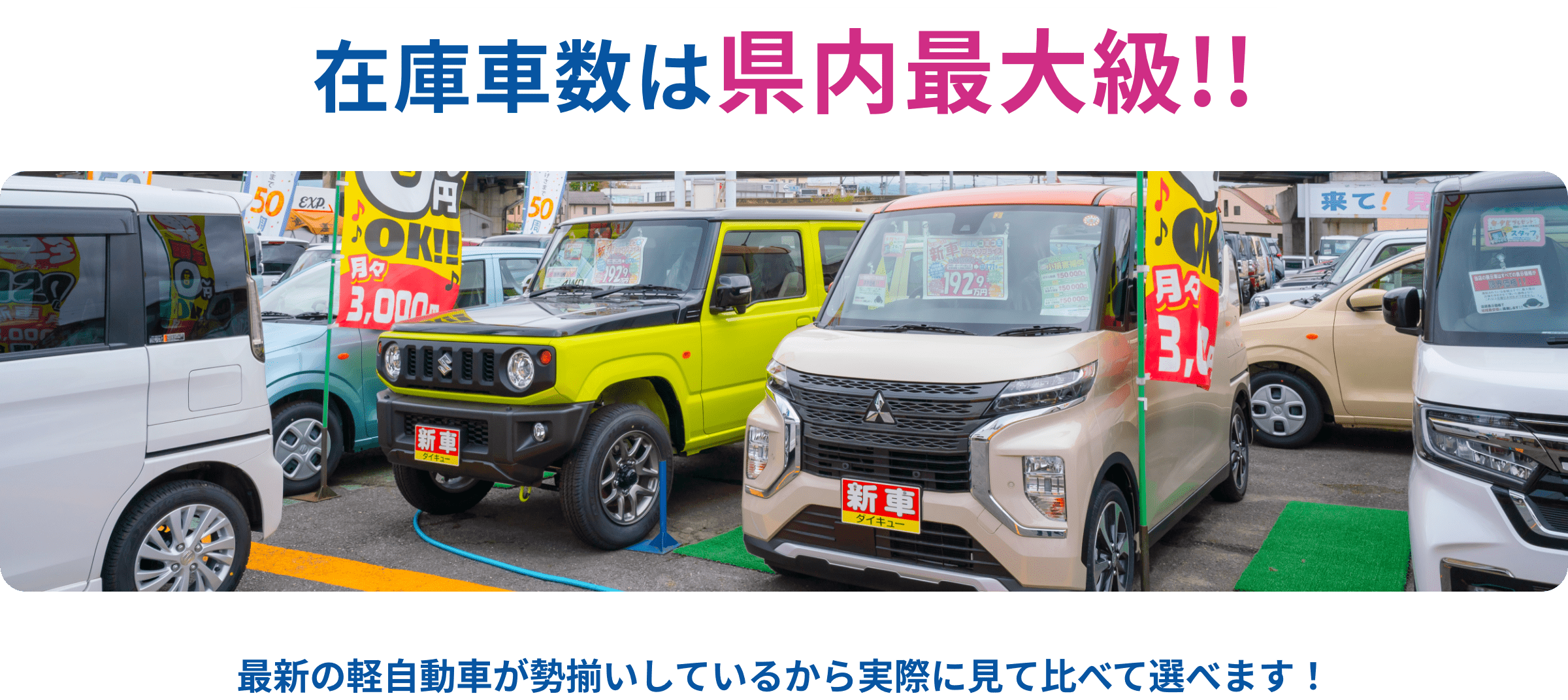 在庫車数は県内最大級！最新の軽自動車が勢揃いしているから実際に見て比べて選べます！